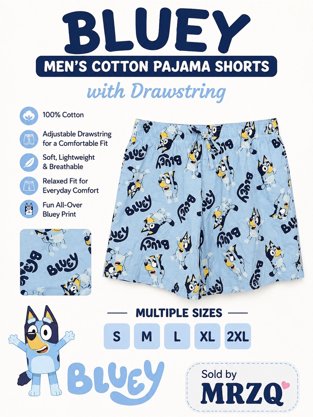 Bluey Men’s Cotton Pajama Shorts with Drawstring - Light Blue